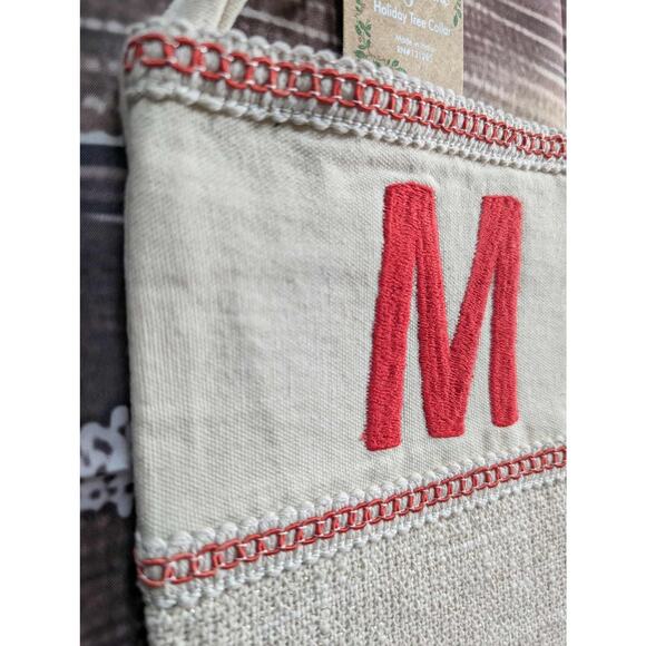NEW Letter "M" Embroidered Beige Burlap Shimmer Christmas Stocking 20" Holiday - Picture 3 of 10